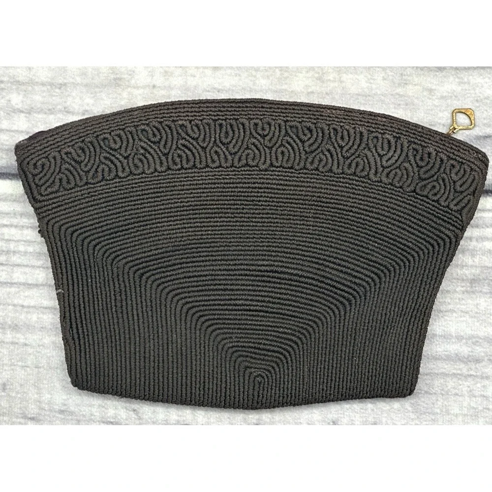 VINTAGE BLACK‎ EMBROIDERED CLUTCH PURSE EVENING BAG     *29